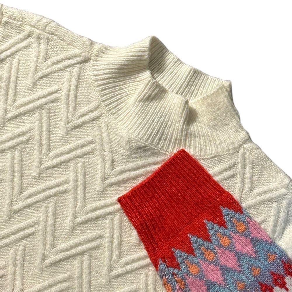 St Johns Bay Womens Mock Neck Fair Isle Cable Knit Sweater Cream Red Large